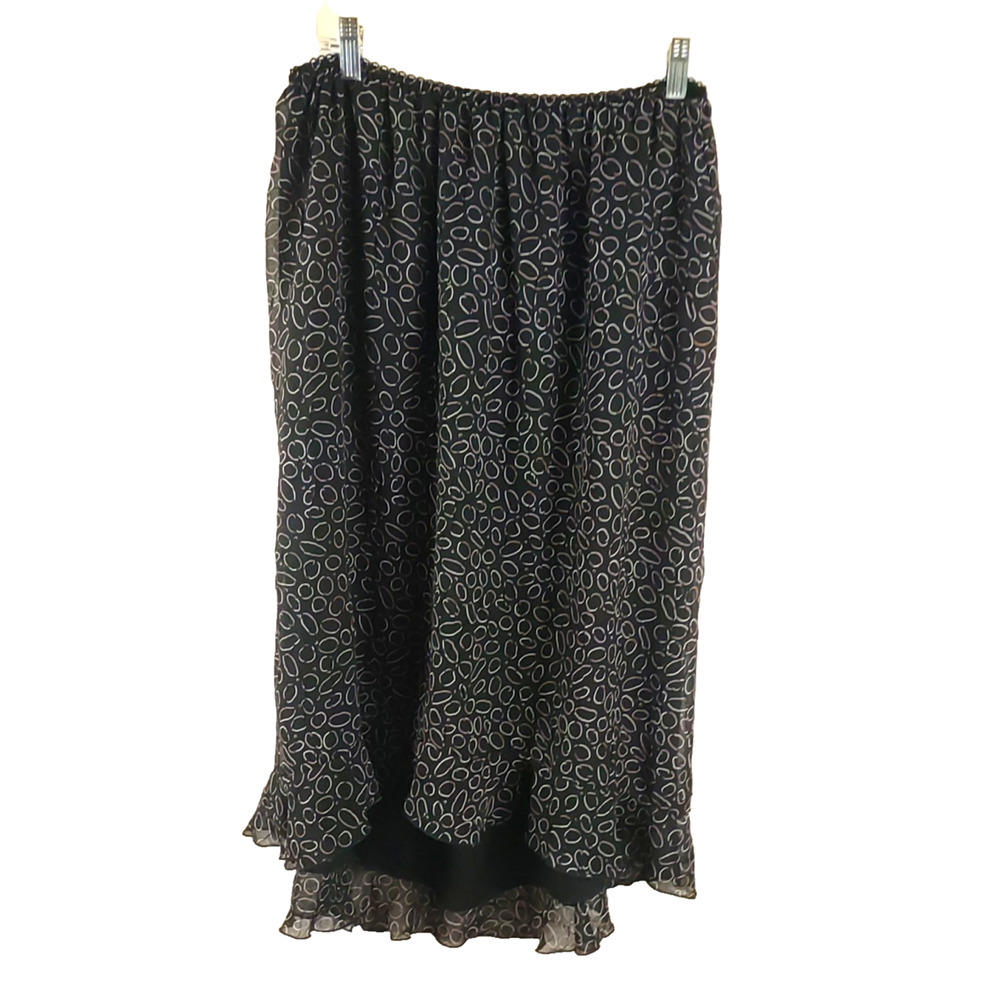 Worthington Women's Skirt Size 18W Black Lined Red Gray Circles Ruffled Edge...
